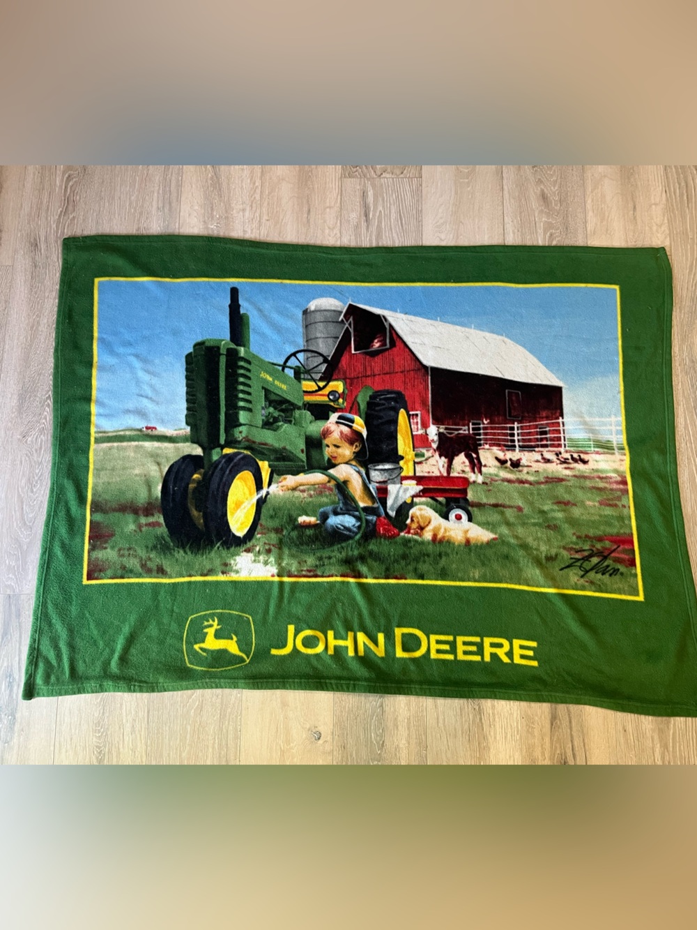 John Deere vintage Green and Yellow Farm Scene Throw